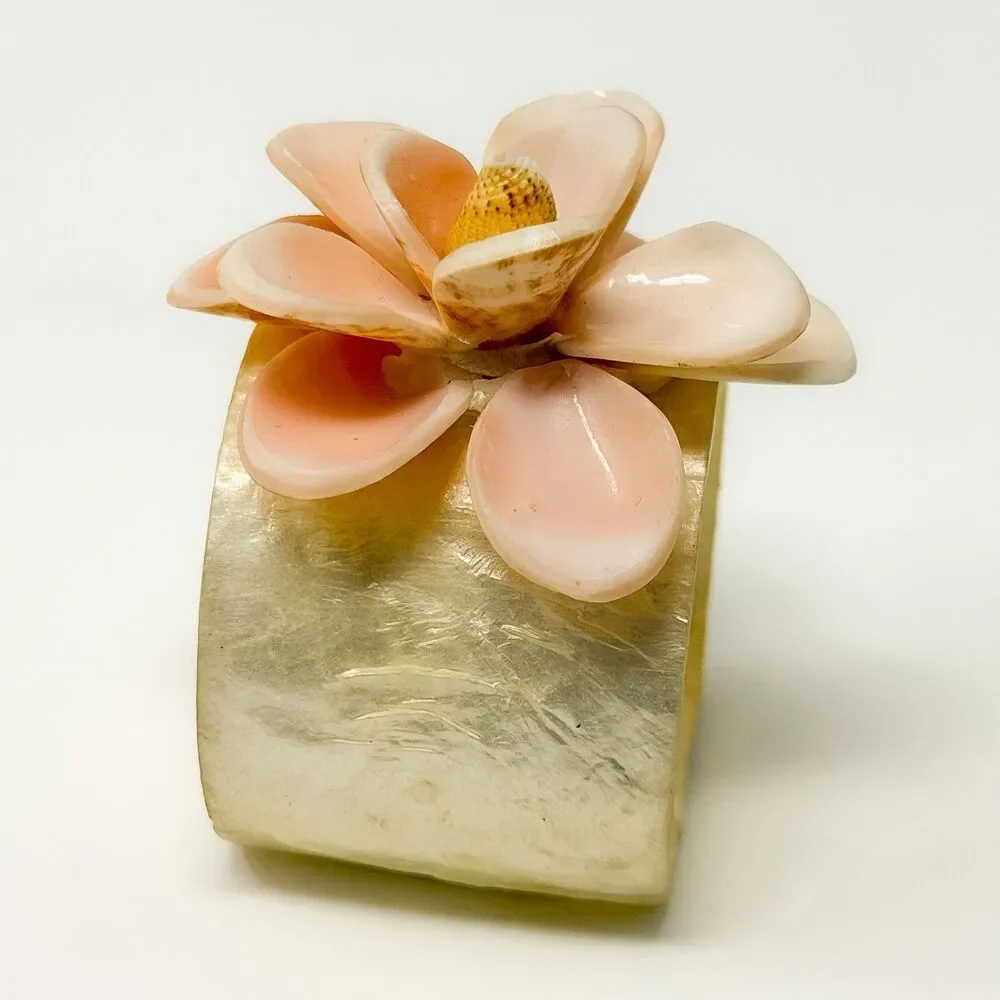 Vintage Capiz Shell Flower Napkin Ring Holders Set 8 Coastal Tropical Decor